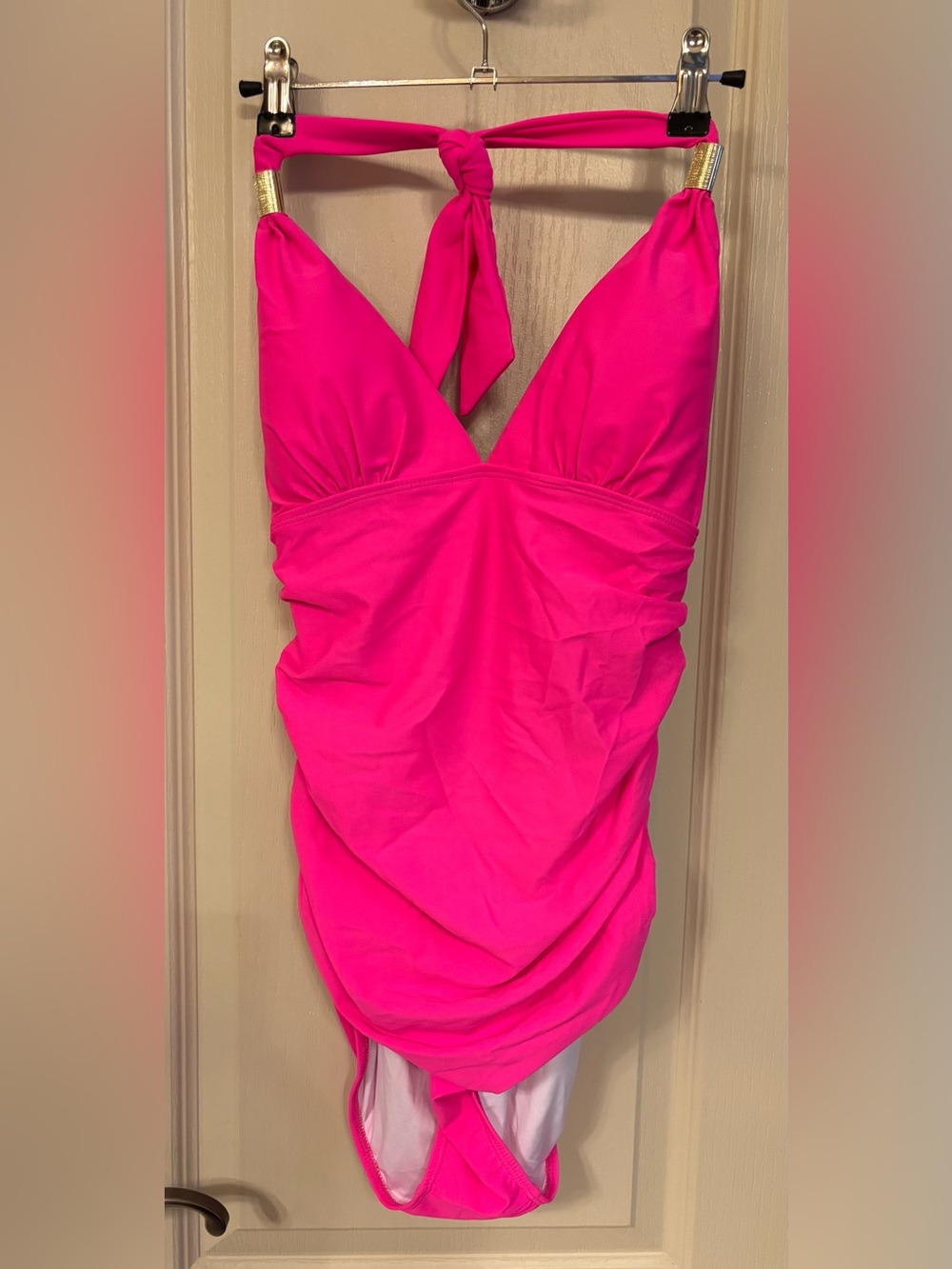 Hot Pink Halter One-Piece Swimsuit with Gold Accents Sz: M